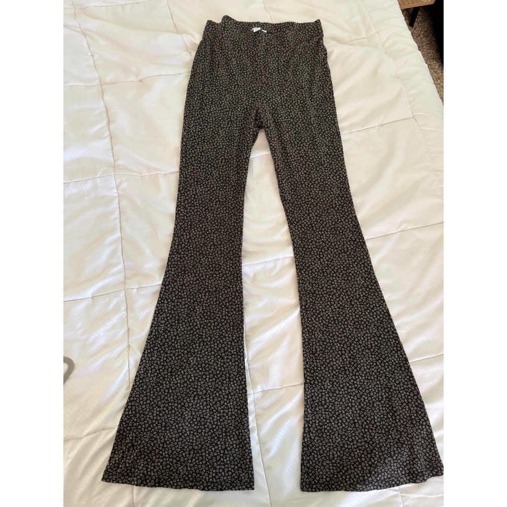 Topshop Black Floral Stretch‎ Flare Pants Boho Retro 70s High Rise UK 10 US 6